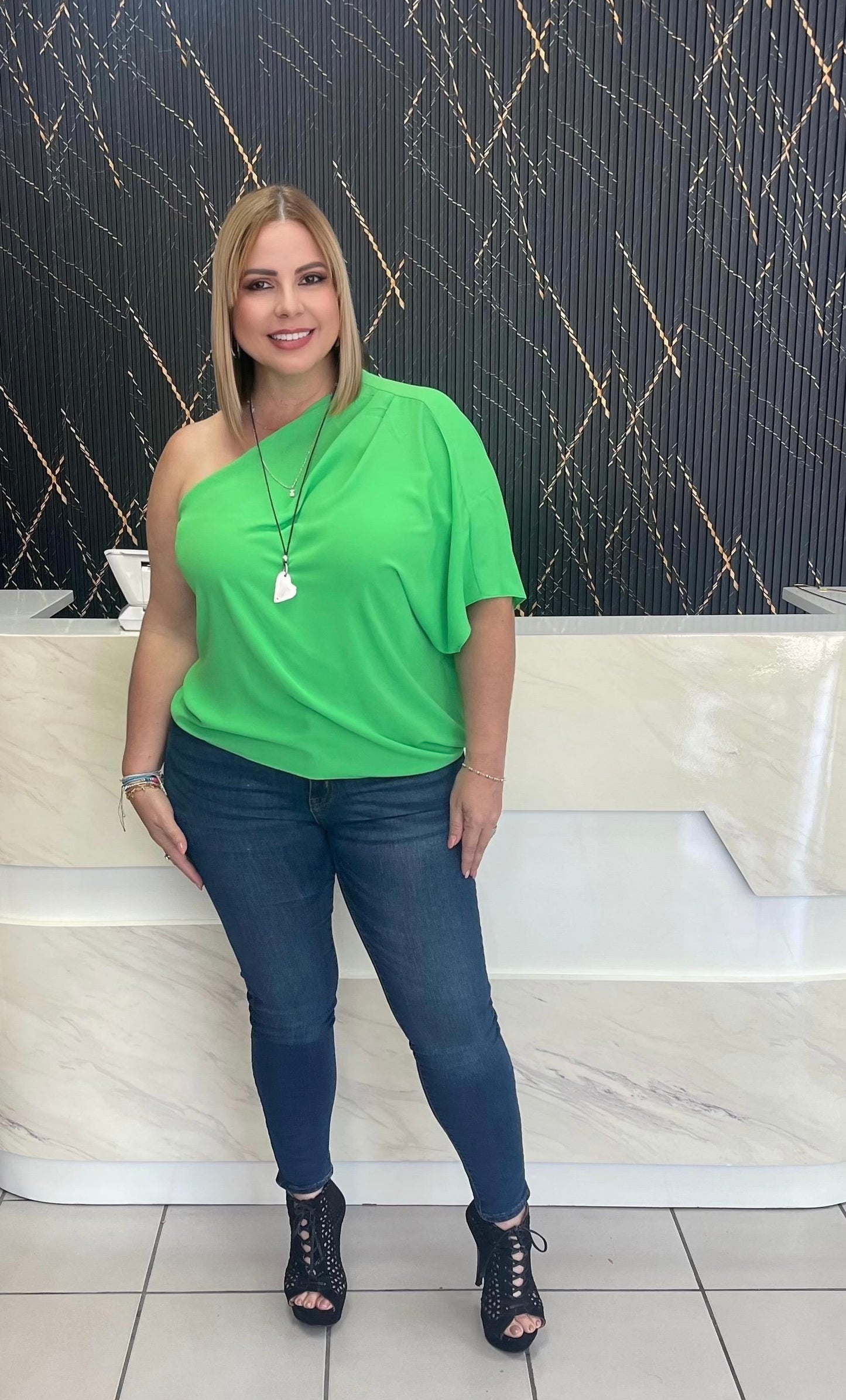 One shoulder apple green top