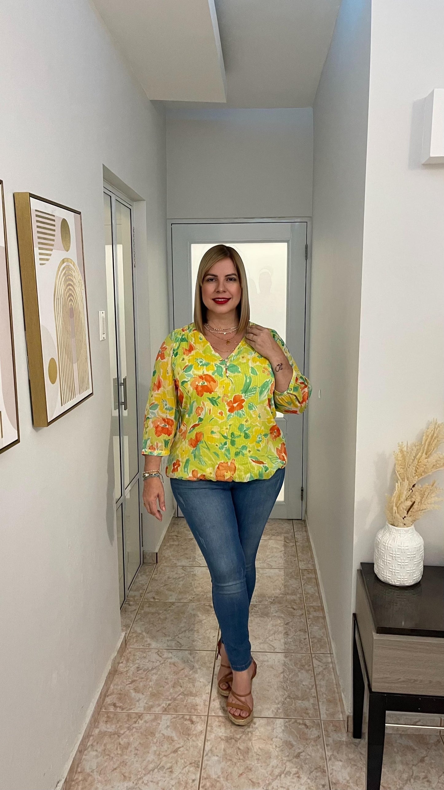 Green & flower print top