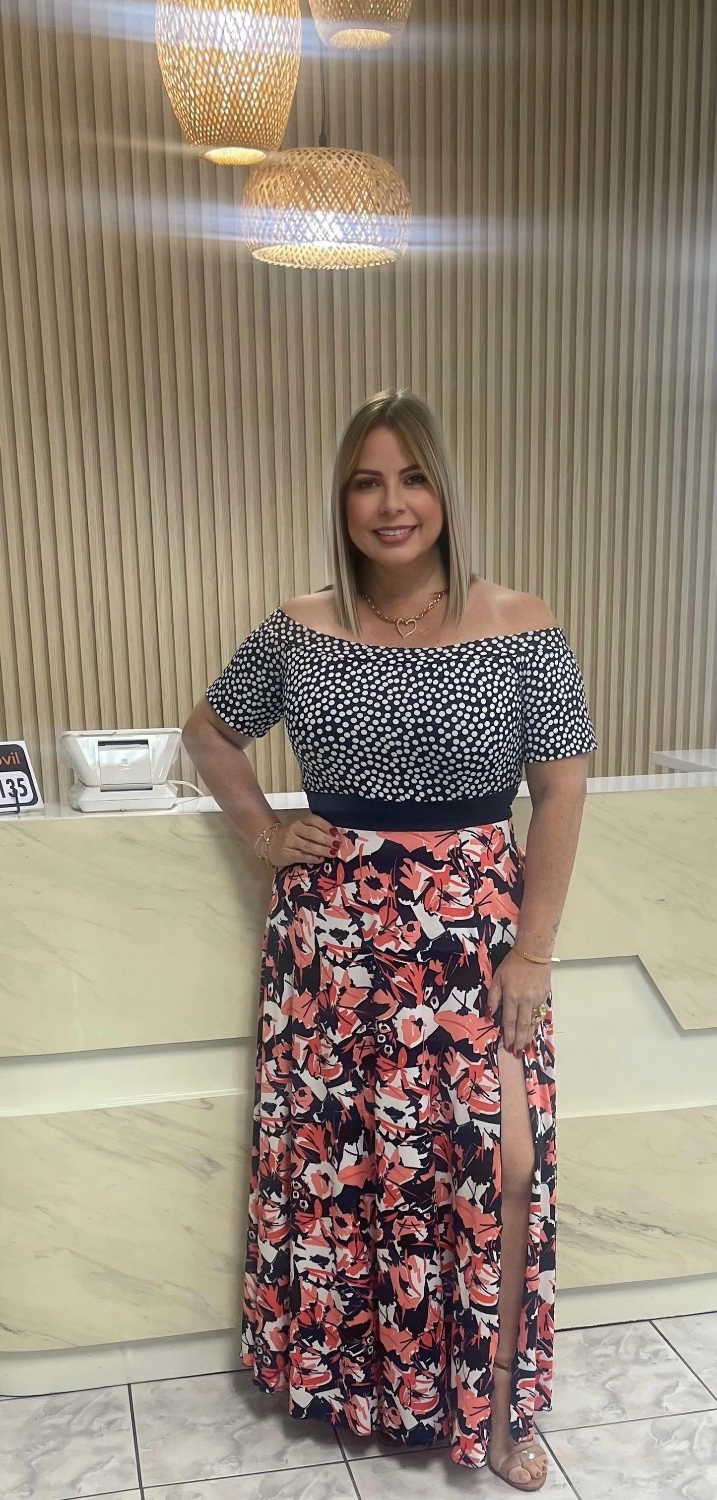 Polka dots & flowers off shoulder maxi dress plus