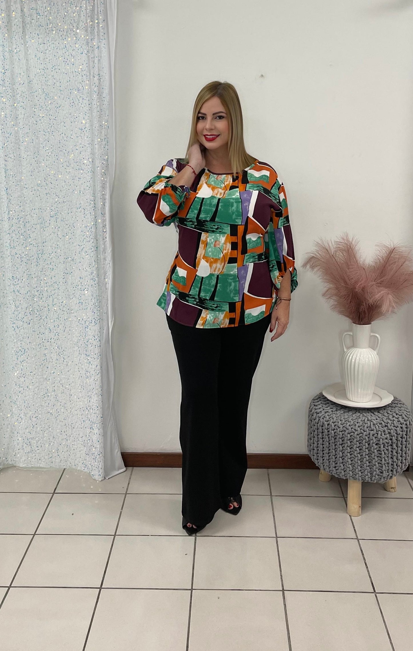 Plus Burgandy and Green Blouse With 3/4 Sleeves