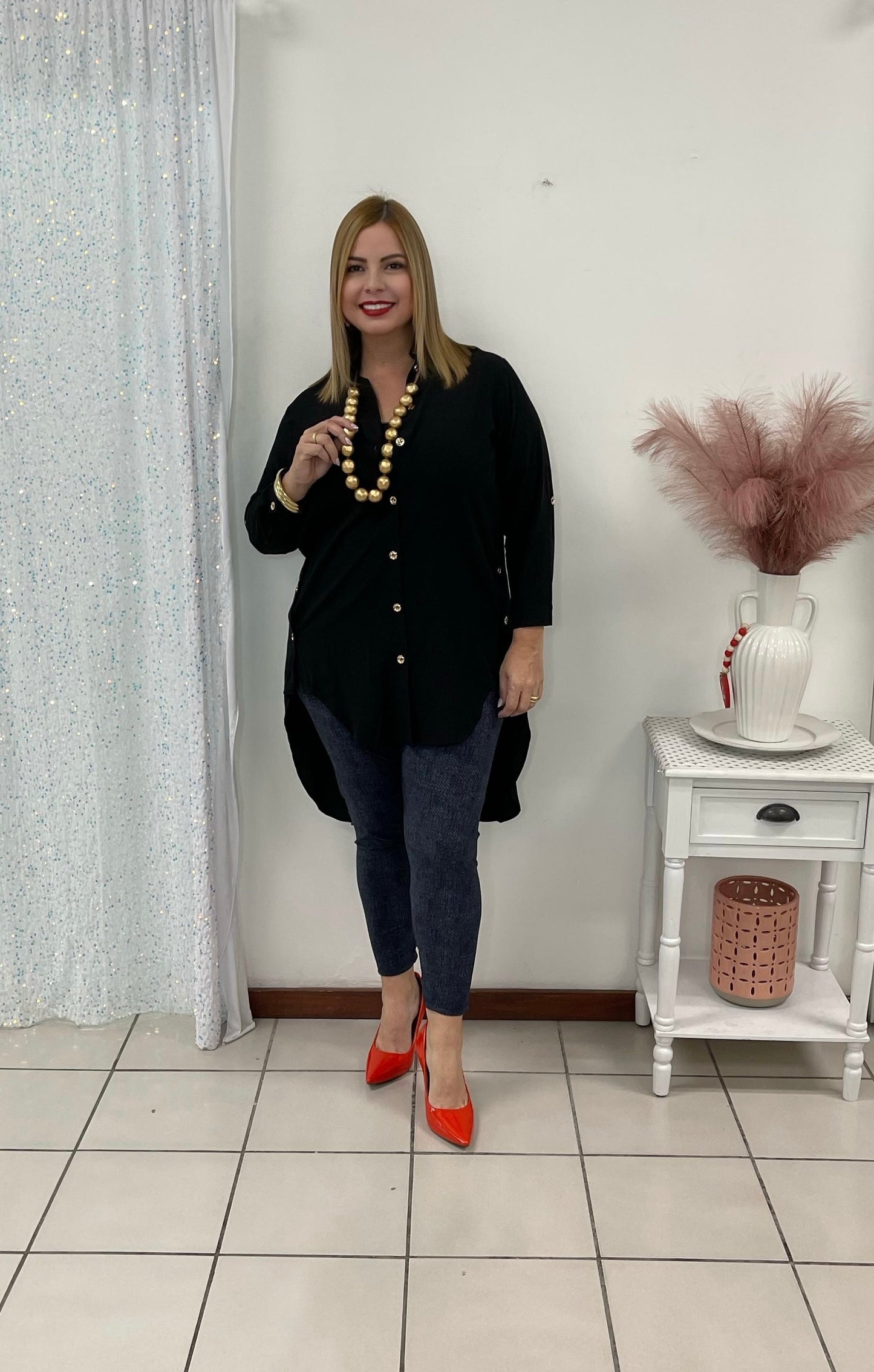 Plus Black Blouse With Gold Button