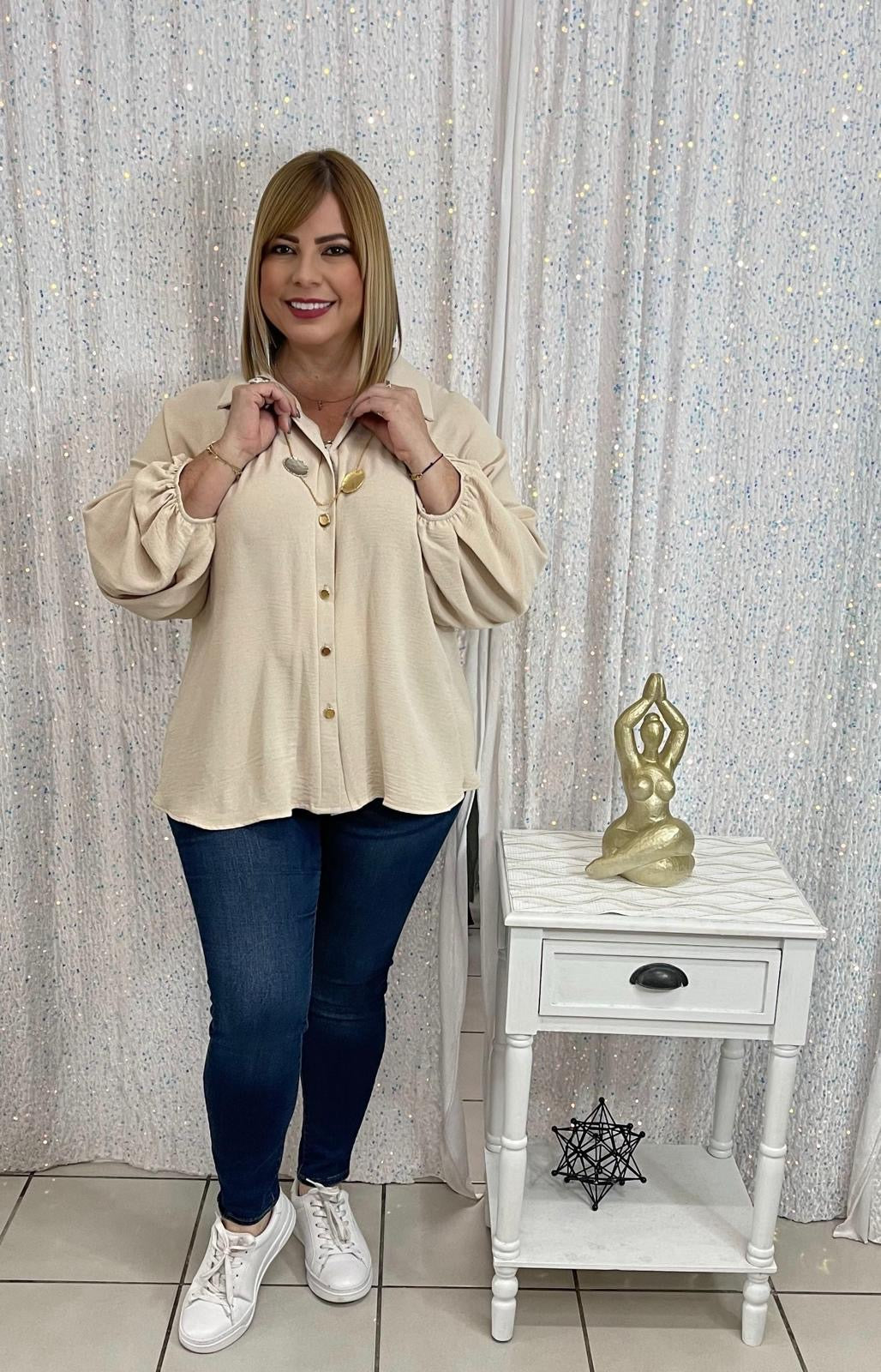 Plus nude top with gold buttons