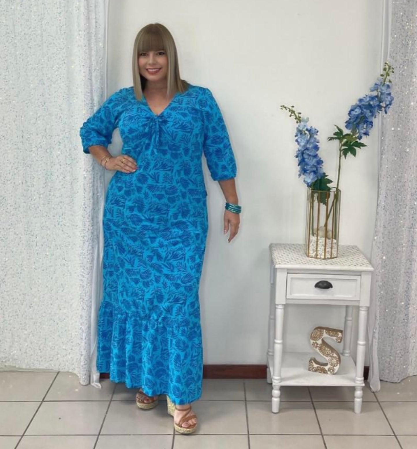 Plus Maxi Dress Azul Manga By: Mamy Blue