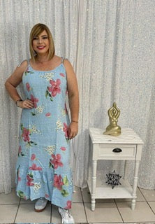 Plus blue and flowers maxi dress by: Italy