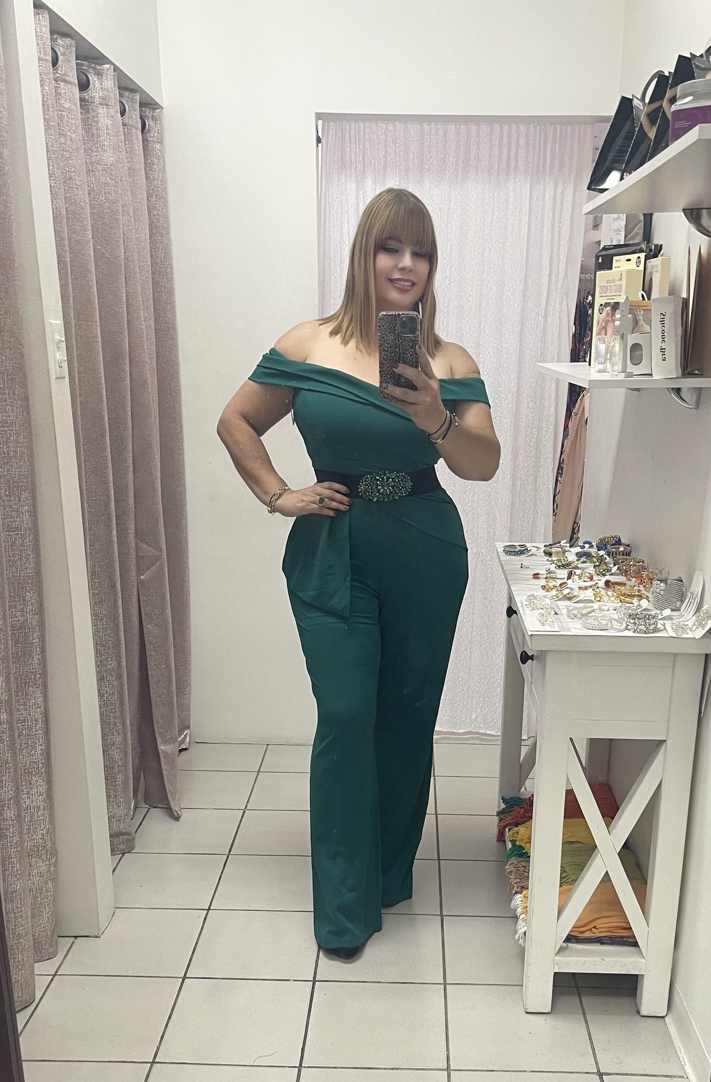 Plus green off shoulder jumpsuit