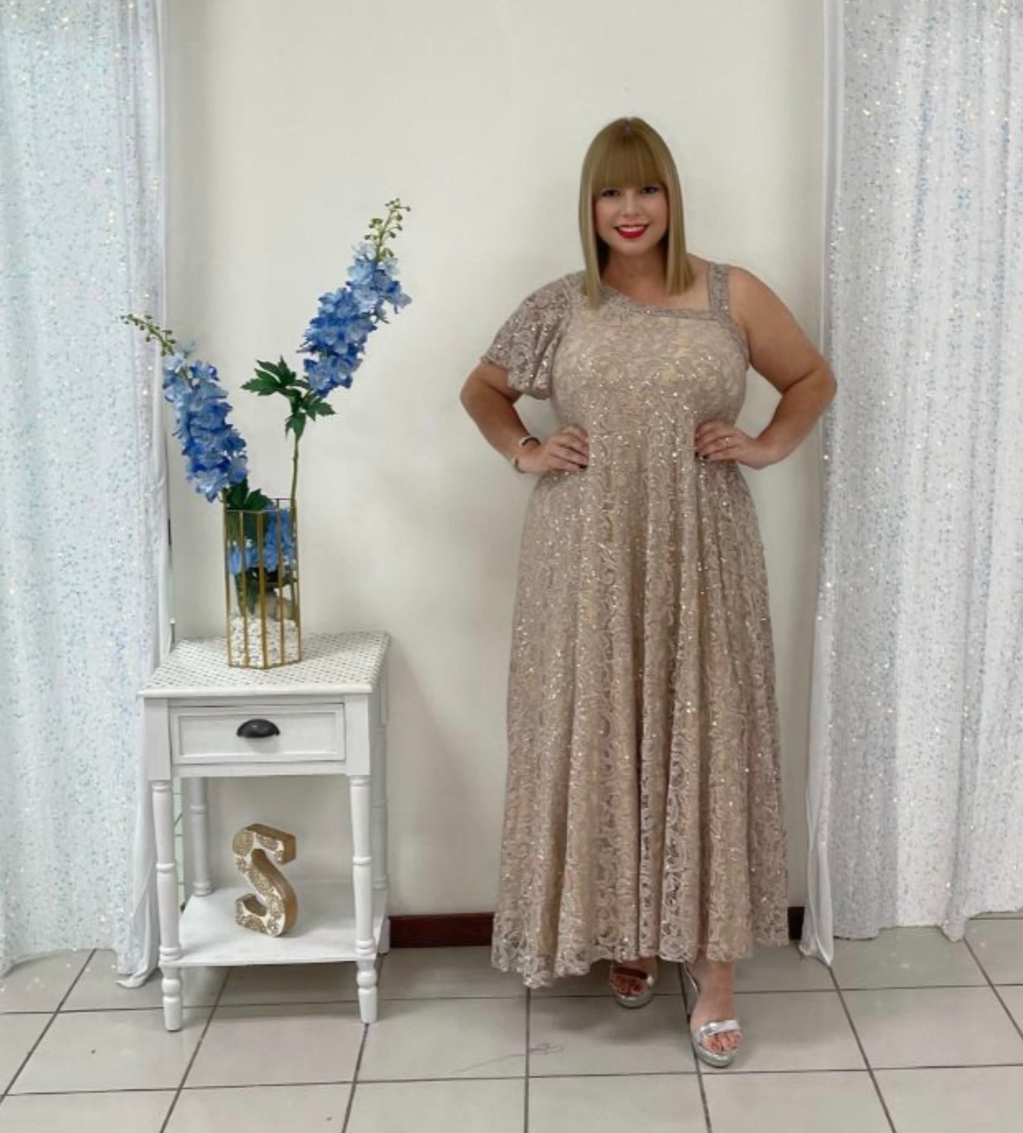 Plus nude and sequins maxi dress by: Claudia Orozco