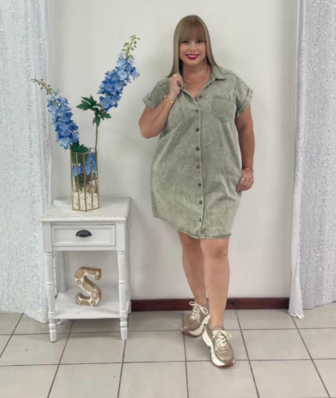 Plus sage green denim short dress