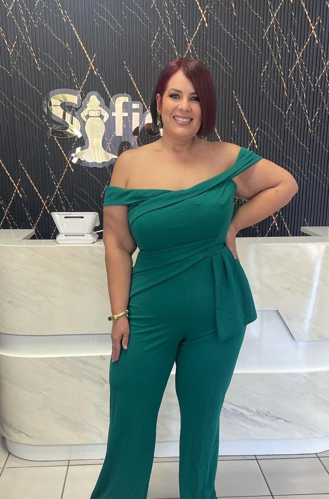 Plus green off shoulder jumpsuit
