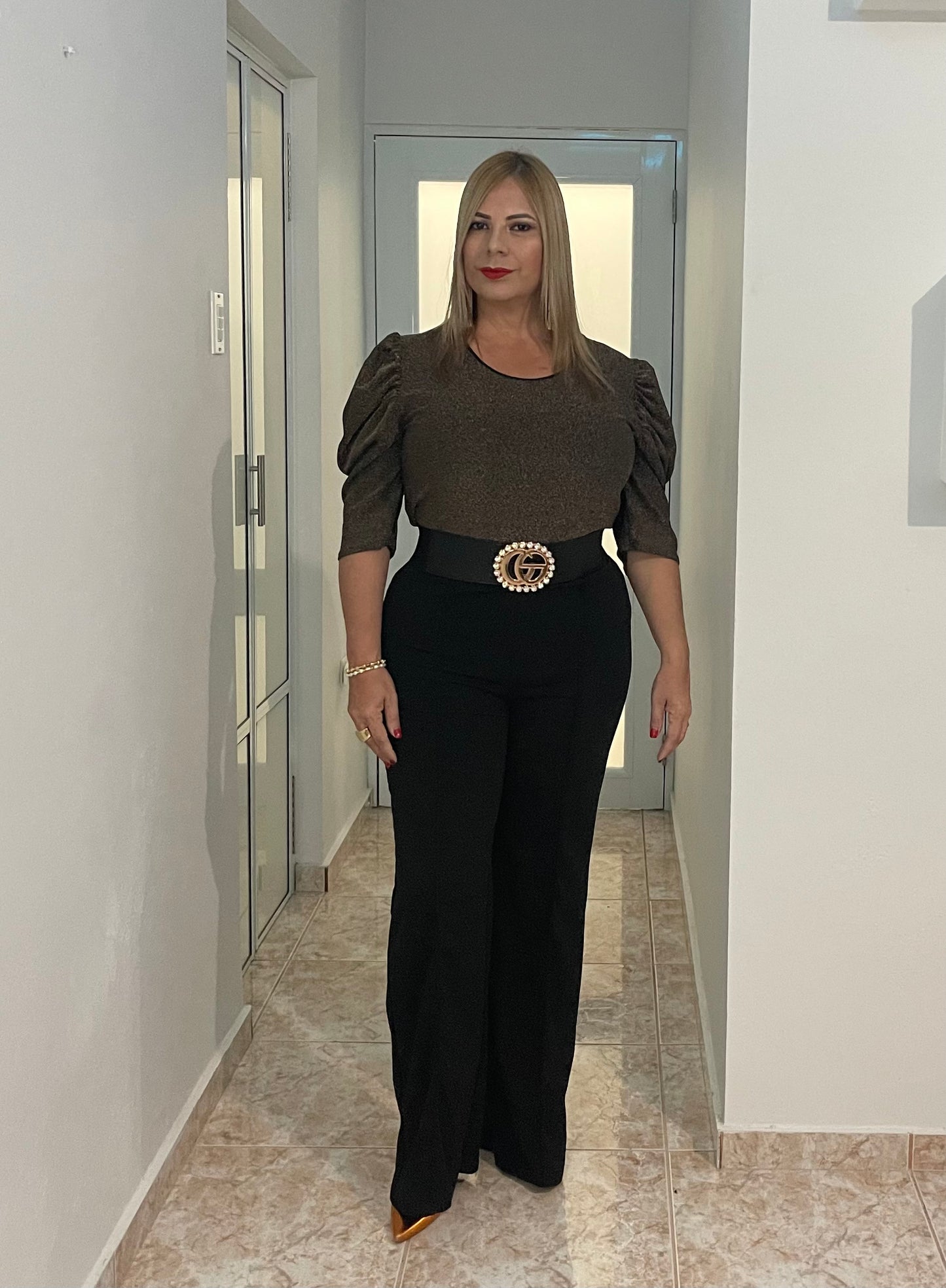 Plus Blusa negra brillo bronce