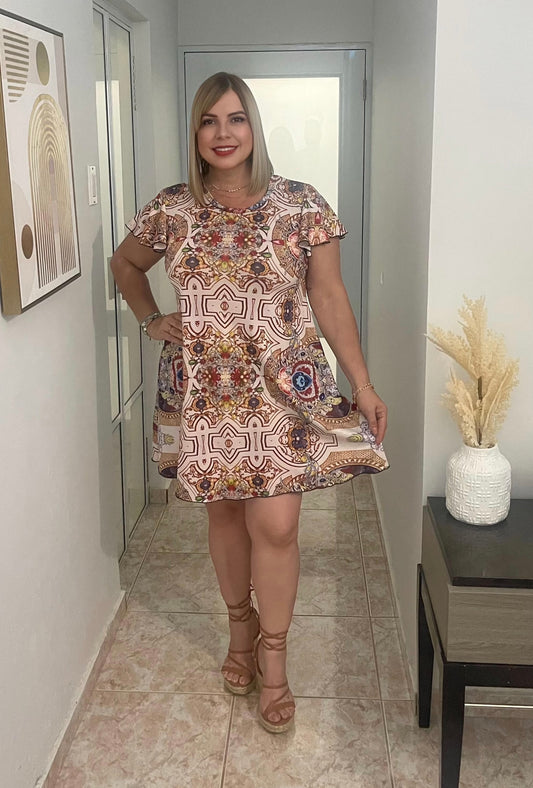 Print short dress brown color