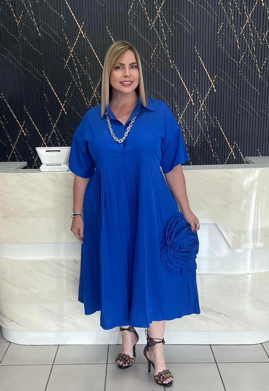 Royal blue dress plus white flower