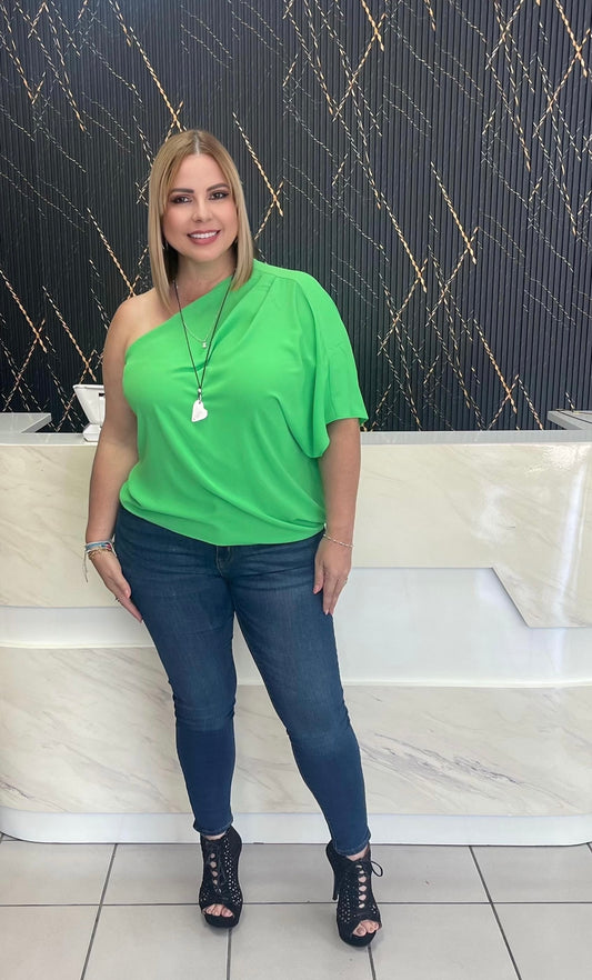 One shoulder apple green top