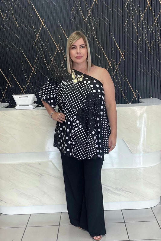 One shoulder polka dots tunic