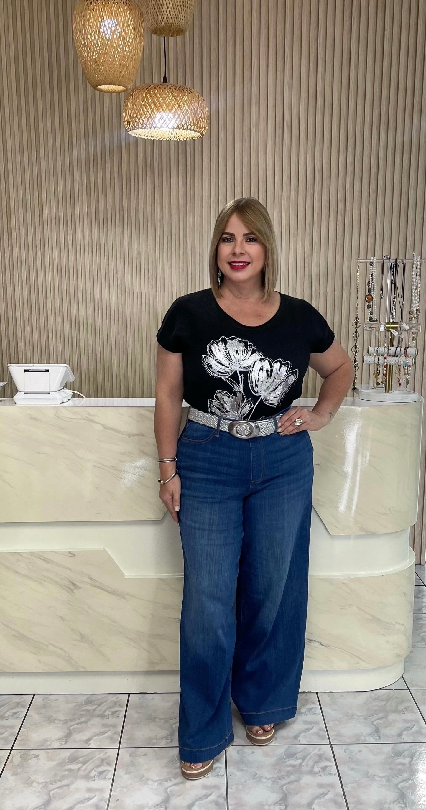 Black & flower silver plus Italian top