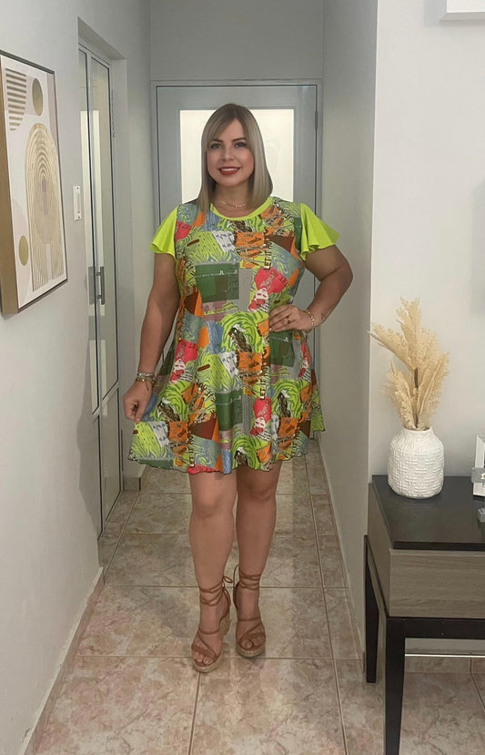 Green & print magazine short dress