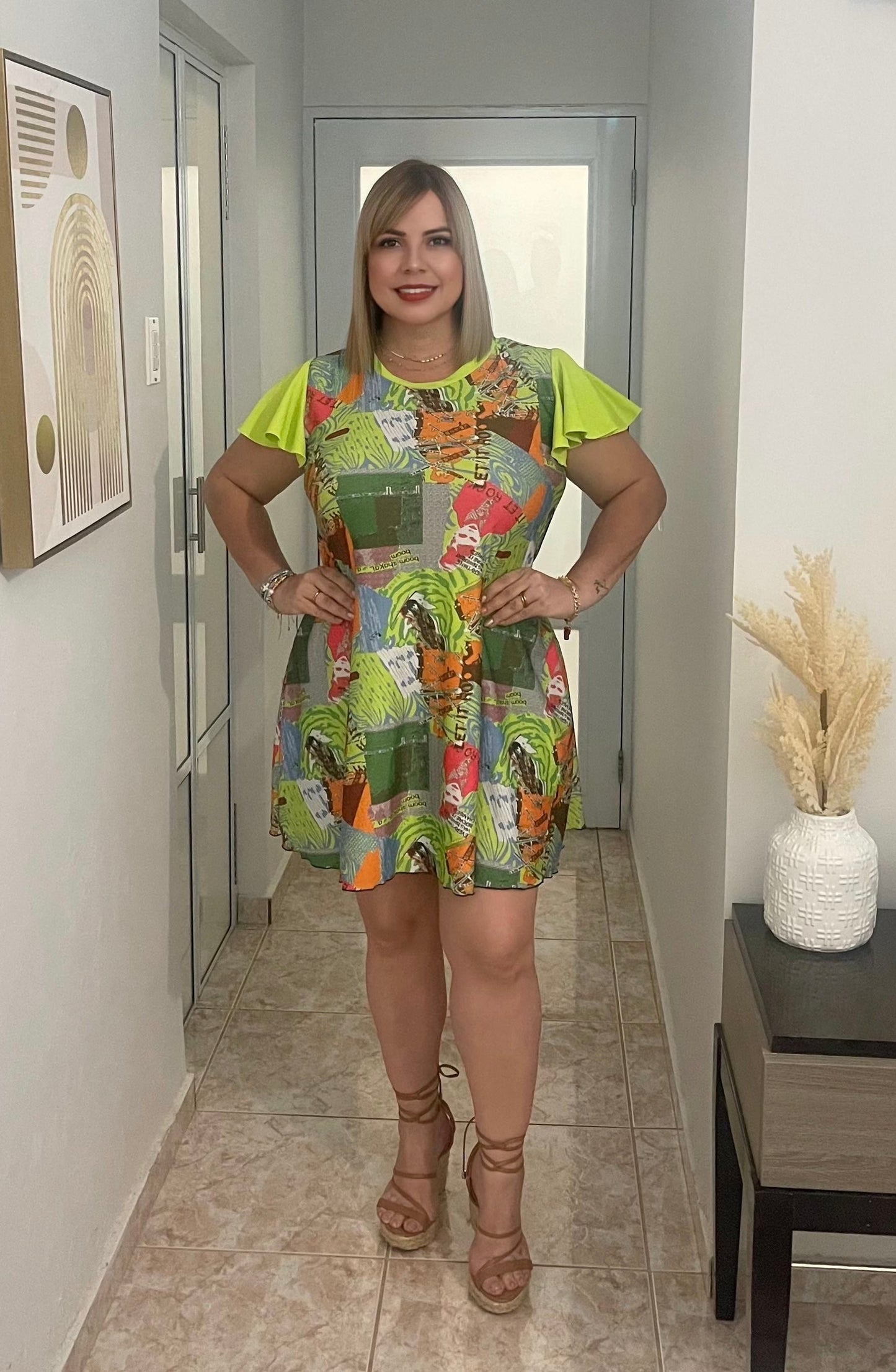 Green & print magazine short dress