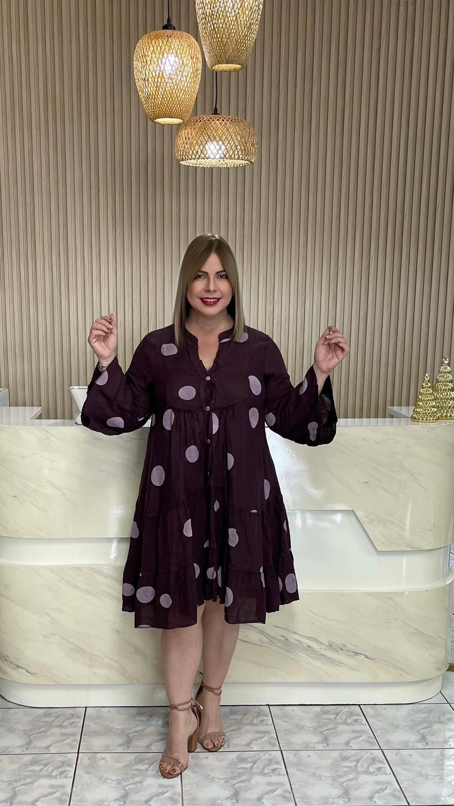 Italian polka dots short dress burgandy