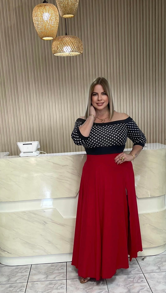 Polka dots & red off shoulder plus maxi dress