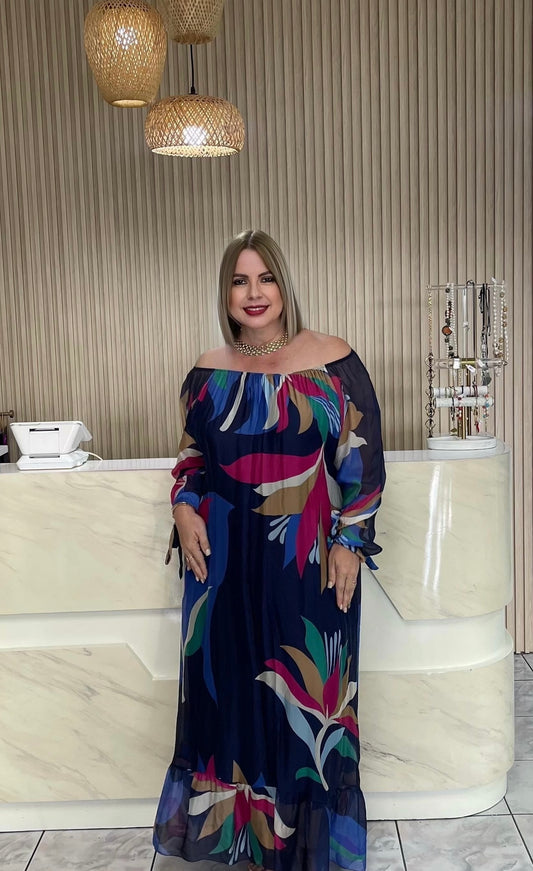 Plus long navy blue and print dress