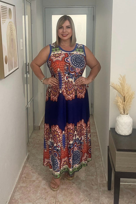 Whit out sleeves print maxi dress