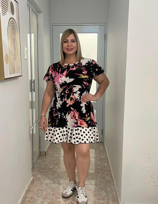 Black print & Polkadot short dress by Claudia Orozco