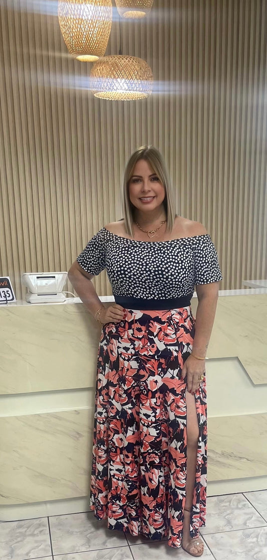 Polka dots & flowers off shoulder maxi dress plus