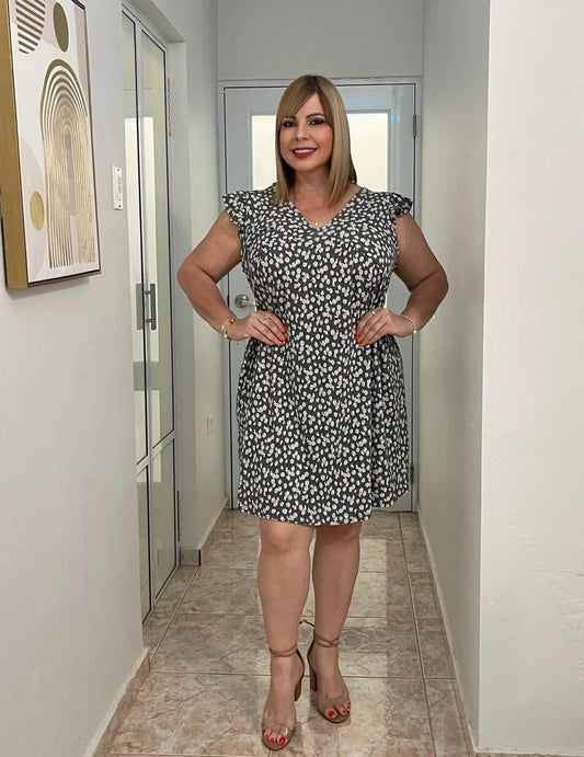 Grey and flower print short plus dress