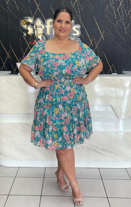 Plus Flower Print Short Dress