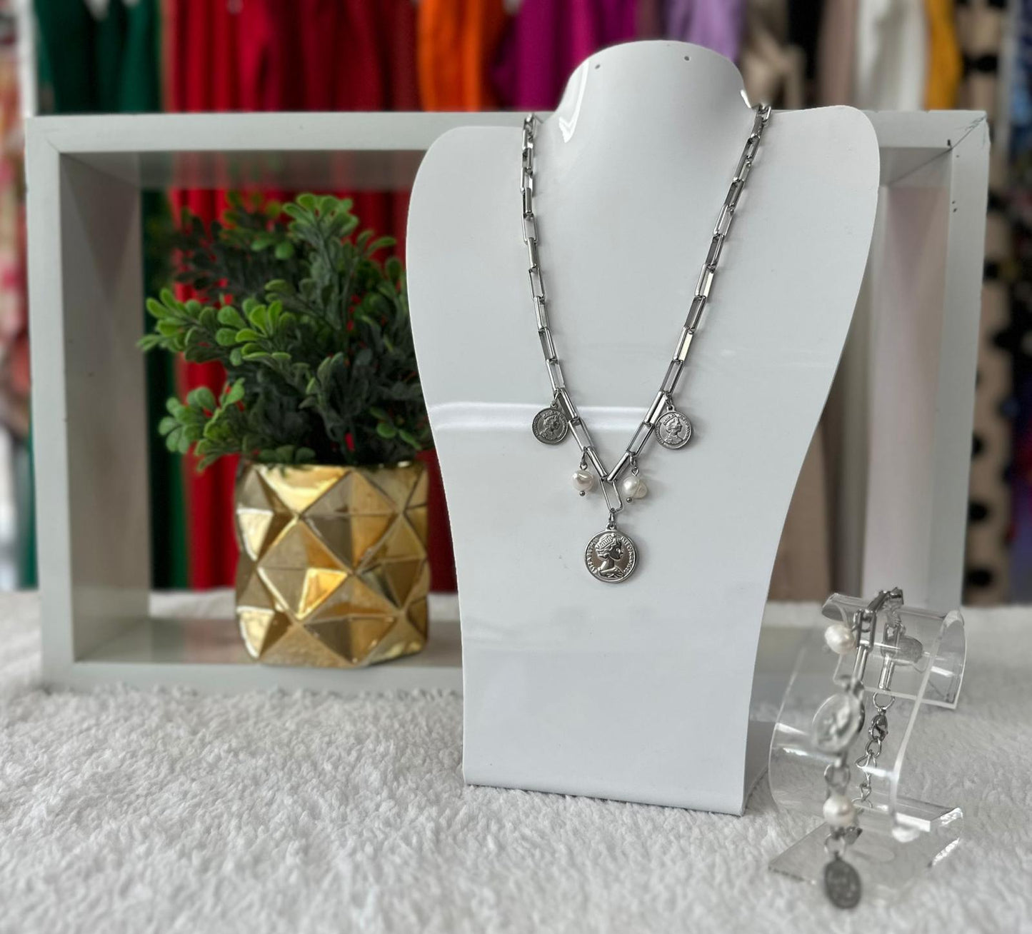 Plus Silver Coin Necklace and Bracelet Set