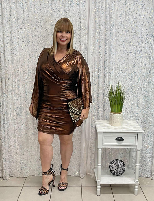 Plus Bronze pleated short dress with long sleeve