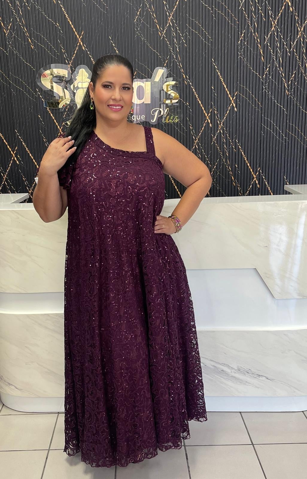 Plus Burgandy one shoulder maxi dress By: Claudia Orozco