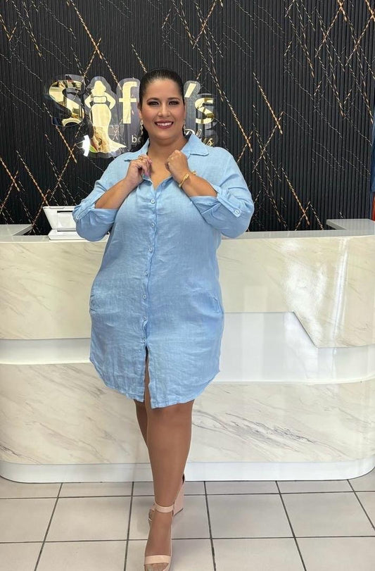 Plus short dress three-quarter sleeves baby blue By: Italy