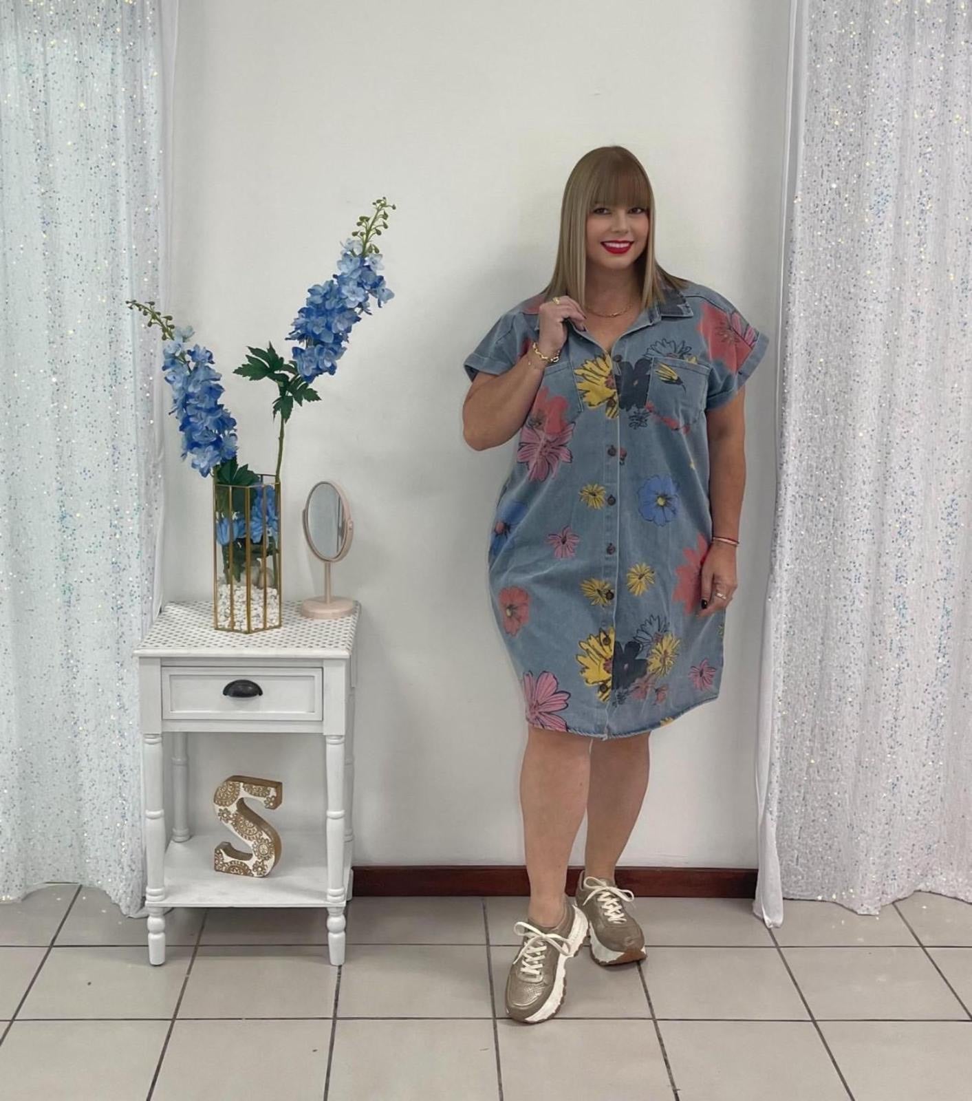 Plus flower denim short dress