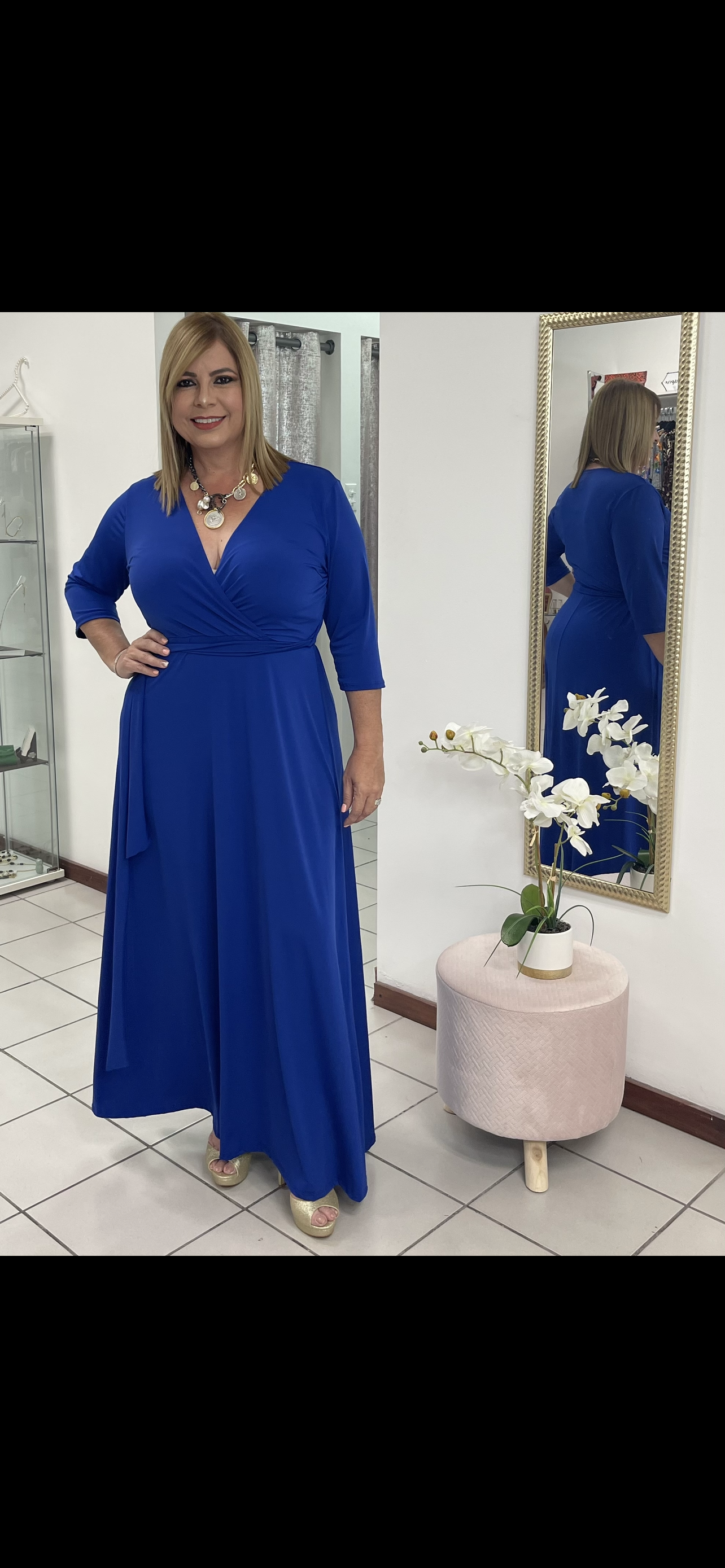 Plus Wraparound royal blue maxi dress.